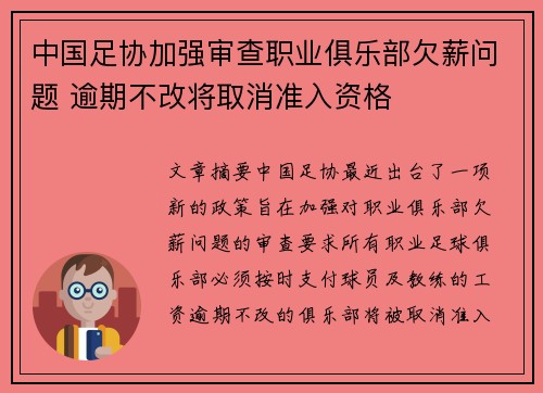 中国足协加强审查职业俱乐部欠薪问题 逾期不改将取消准入资格